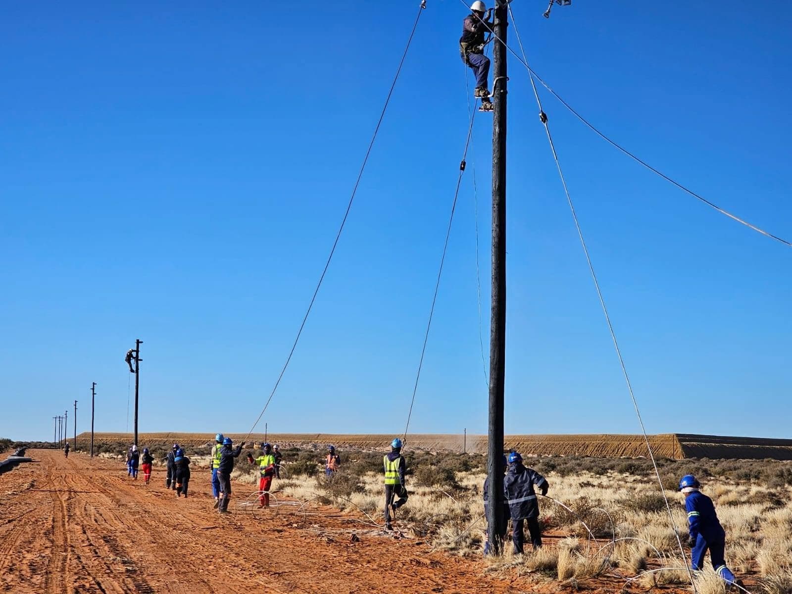 Linesmen erecting a timber pole line across open farmland under a clear Northern Cape sky, with a climber at the pole top and the crew tensioning guy ropes below